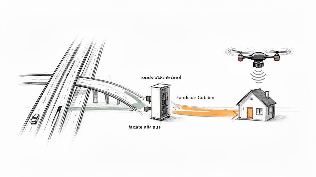 Schema di connessione che mostra autostrada, cabinet stradale, casa e drone, illustrando la rete.