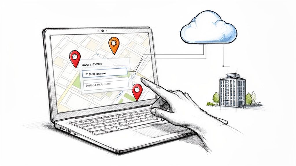 Un laptop mostra una mappa con puntine di posizione. Una mano interagisce con lo schermo, collegata a una nuvola e un edificio, illustrando servizi di rete.