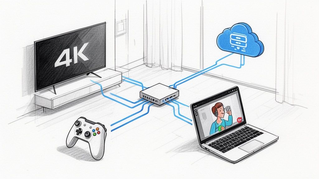 Configurazione per lo streaming di videogiochi: TV 4K, controller, dispositivo centrale, laptop con streamer e cloud.