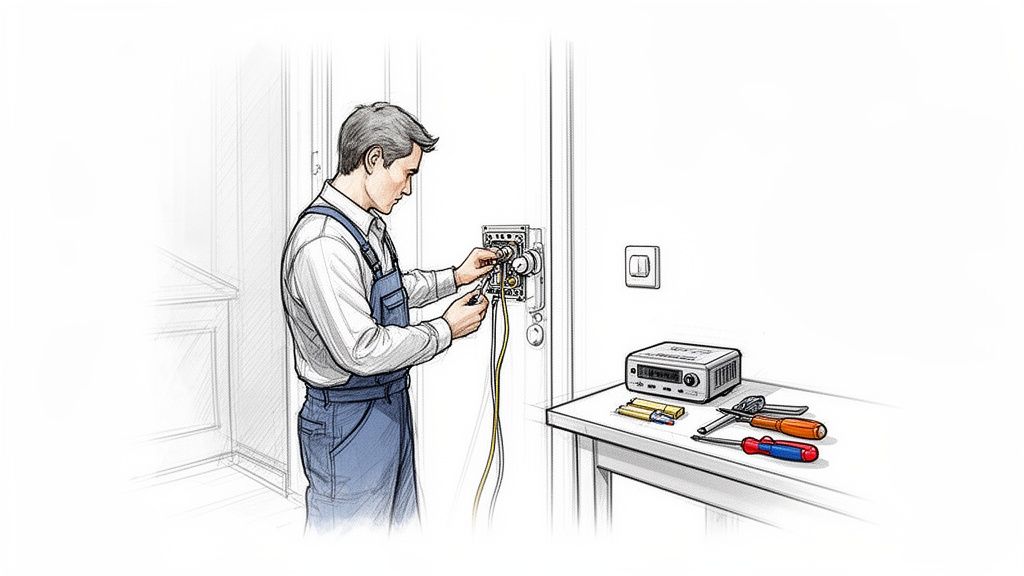 Elettricista installa un dispositivo di rete su parete, con attrezzi e modem vicino, per connessione fibra.