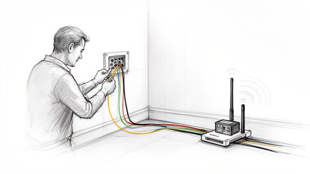 Uomo collega cavi colorati a un pannello a muro, connettendoli a un router per copertura fibra ottica.