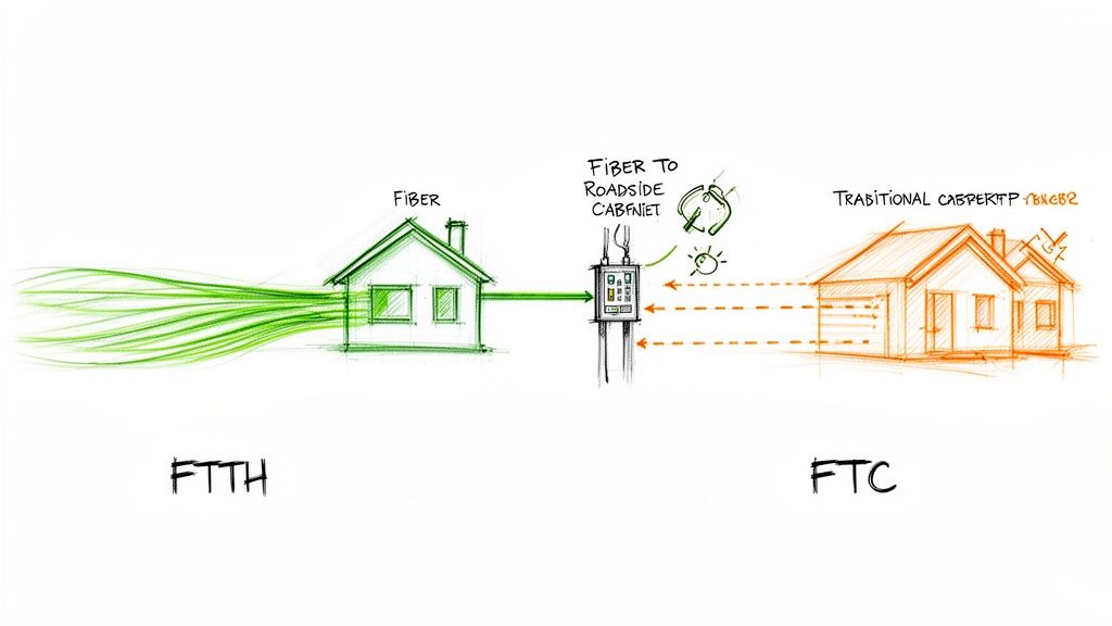 Illustrazione comparativa tra connettività internet FTTH (fibra diretta a casa) e FTTC (fibra all'armadio stradale).