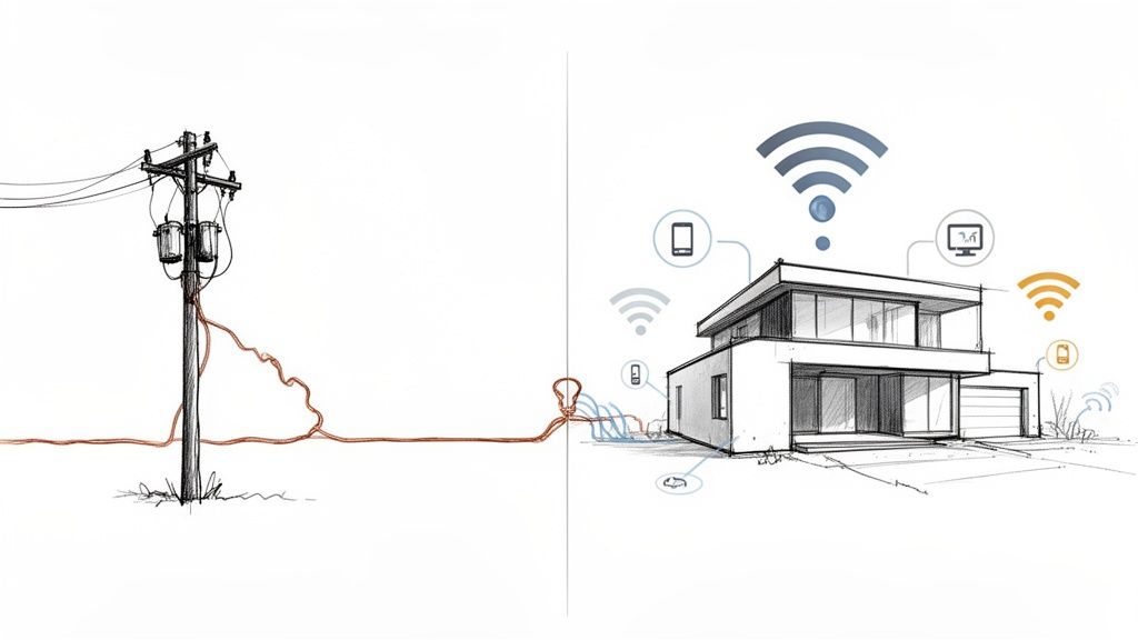 Palo elettrico si trasforma in segnali Wi-Fi che collegano una casa moderna con dispositivi smart, illustrando la connettività.