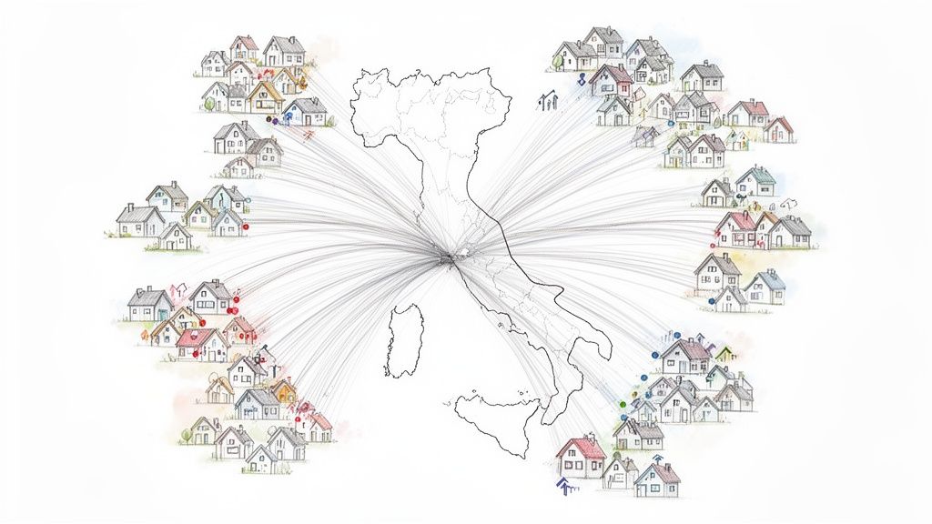 Mappa stilizzata dell'Italia con linee di connessione a numerose case sparse, simbolo di rete.