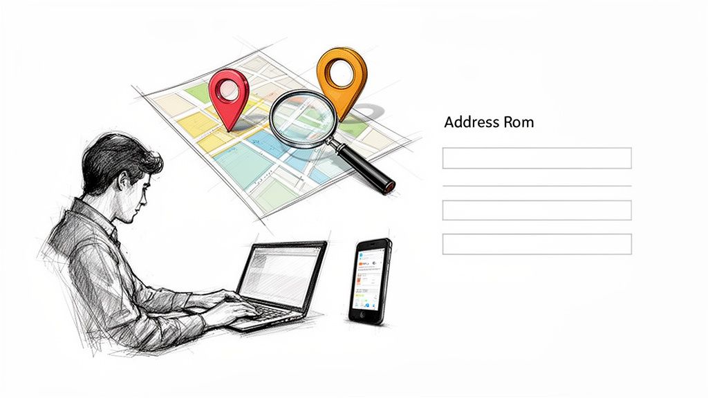 Uomo verifica copertura indirizzo su laptop e smartphone, con mappa, lente d'ingrandimento e pin di localizzazione.