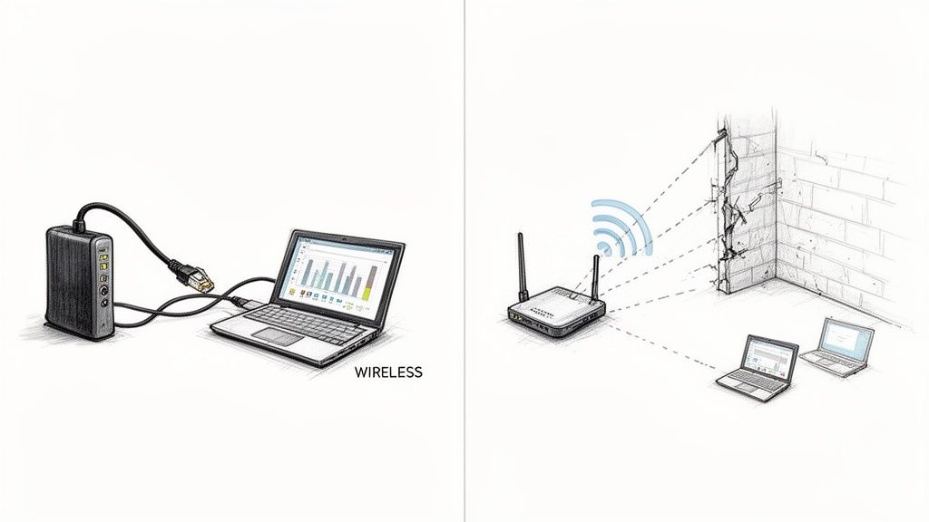 Due illustrazioni: una mostra un laptop connesso via cavo a un modem, l'altra un router wireless che trasmette a due laptop.