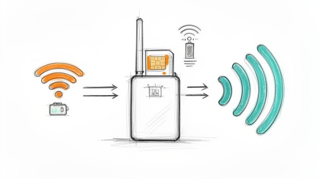 Diagramma di un hotspot Wi-Fi portatile che riceve e ritrasmette un segnale wireless, alimentato da una SIM e batteria interna.
