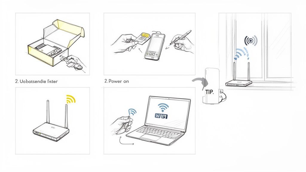 Processo di configurazione di un router Wi-Fi portatile, dall'unboxing all'inserimento SIM e connessione al laptop.