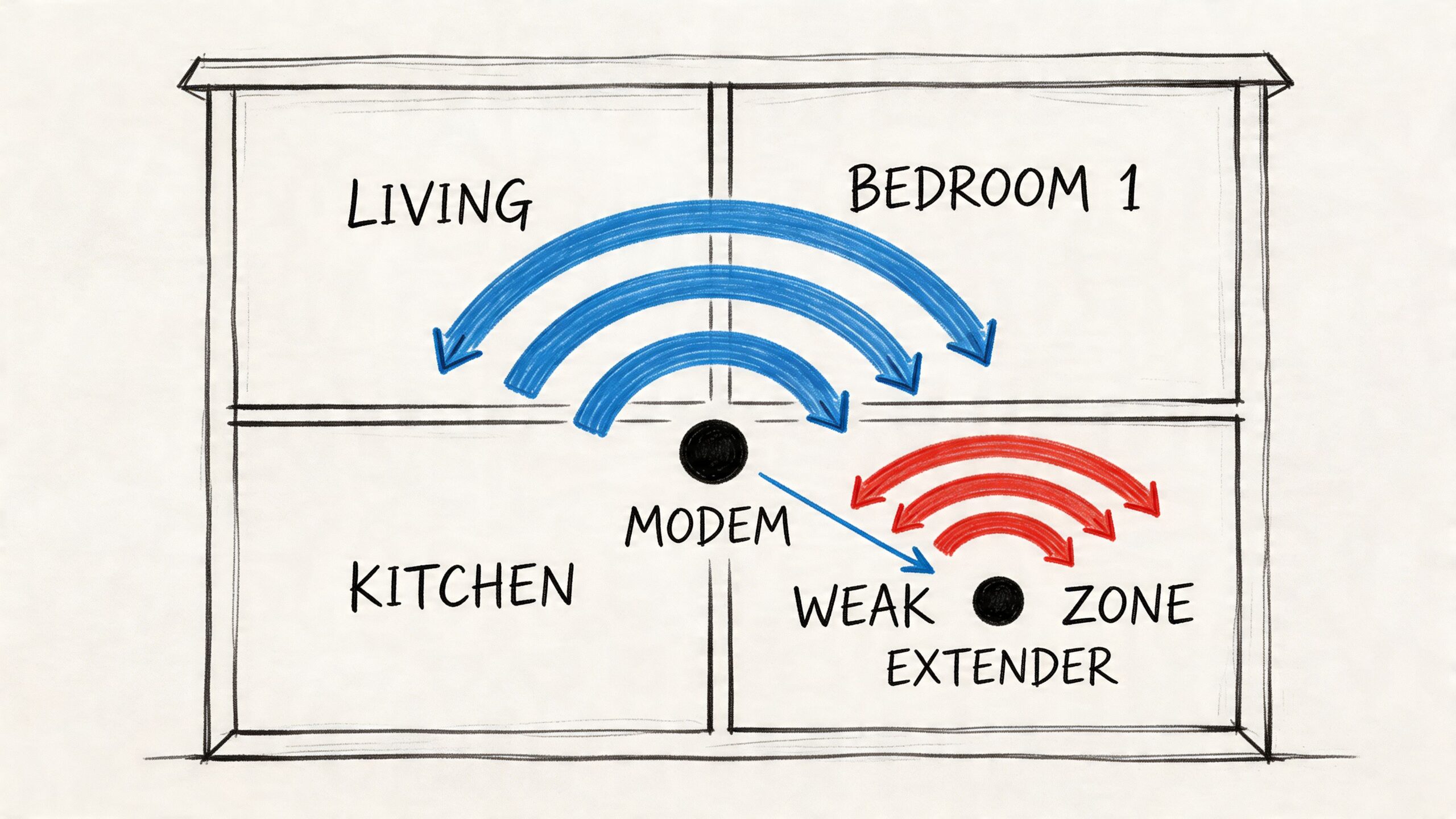 Schema grafico che mostra la disposizione di un modem e di un extender Wi-Fi all'interno di una casa.