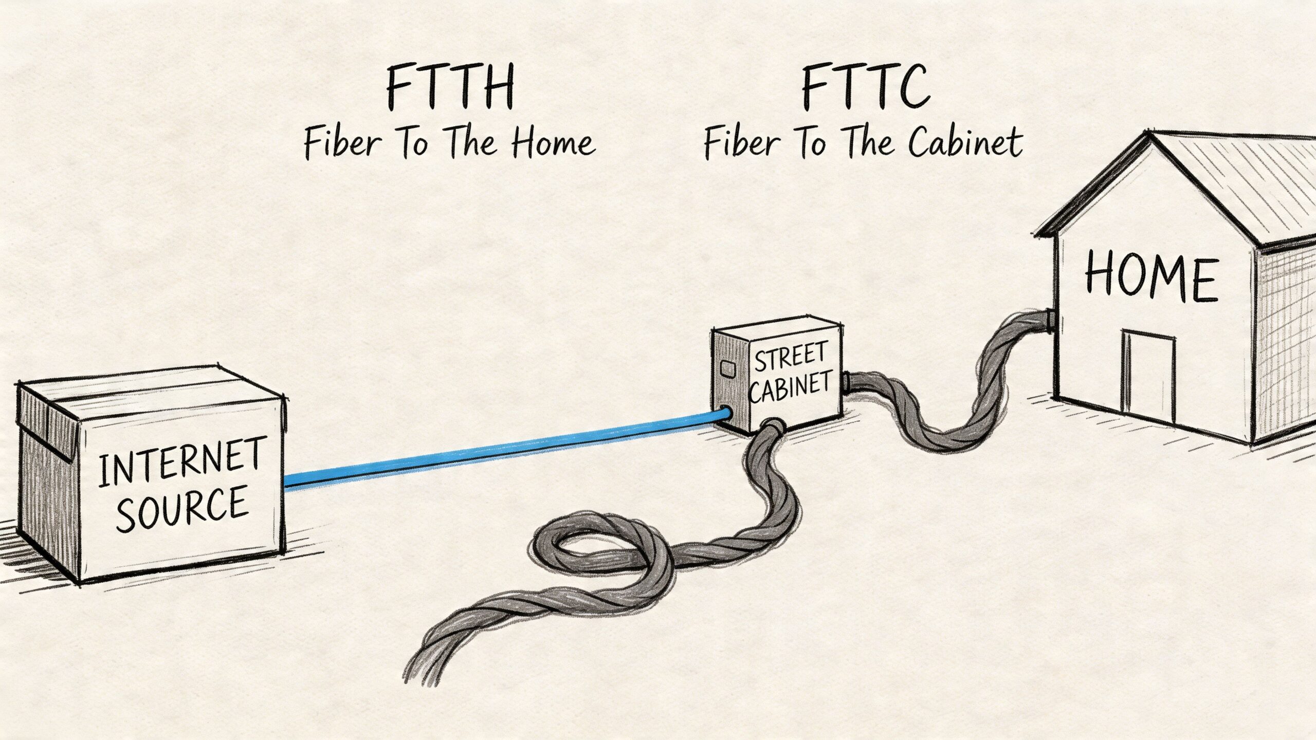 Diagramma illustrativo che confronta le tecnologie di connessione a internet FTTH e FTTC tra sorgente e casa.
