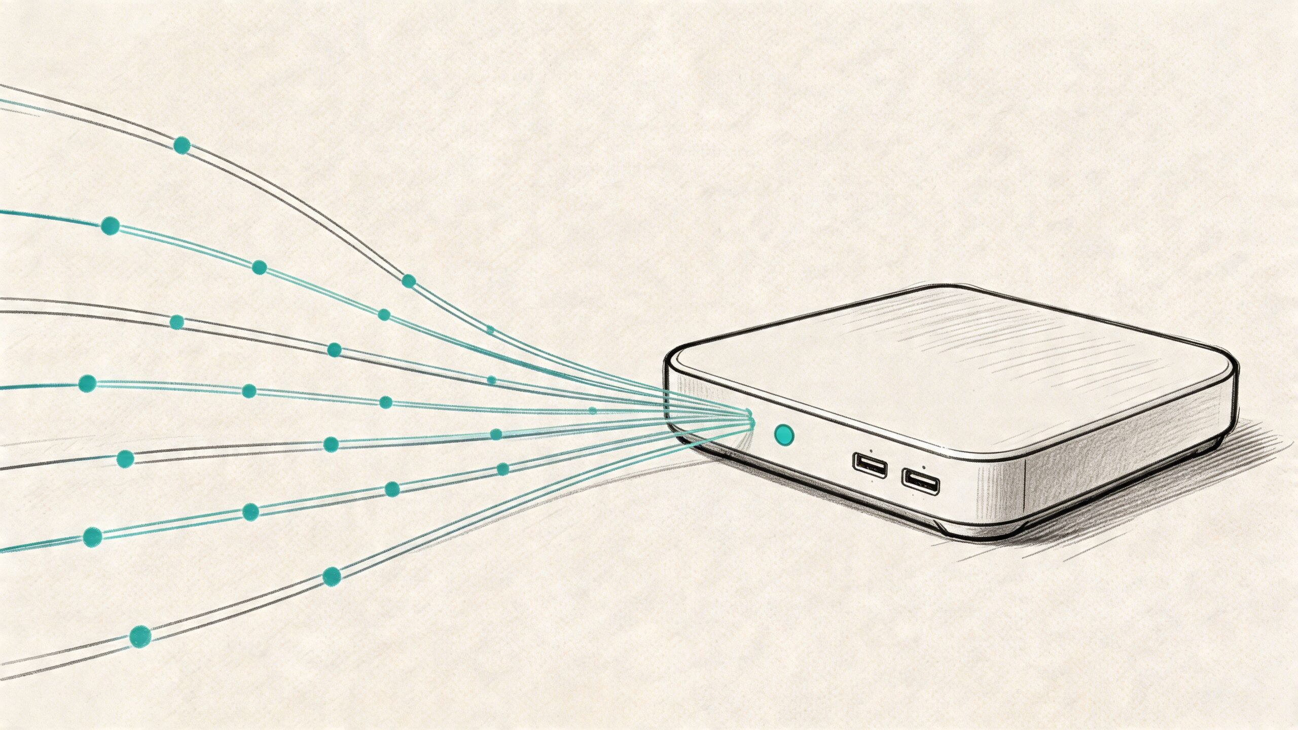 Un modem router moderno collegato a molteplici connessioni digitali che convergono verso il dispositivo in un'illustrazione stilizzata.