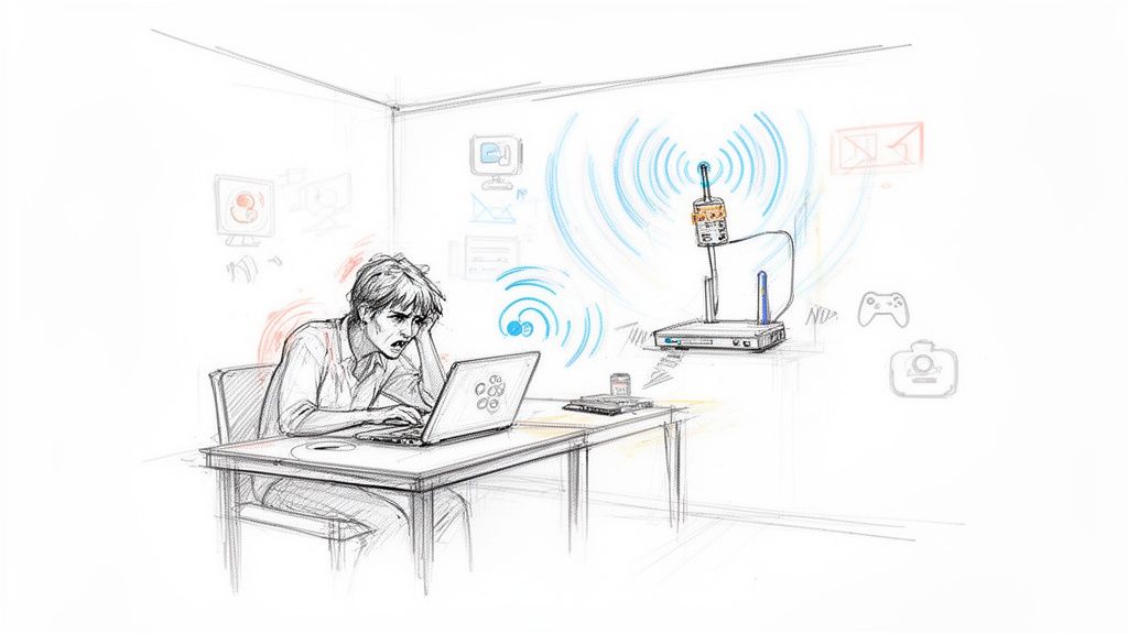 Illustrazione di un uomo frustrato che usa un laptop, circondato da segnali Wi-Fi e dispositivi.