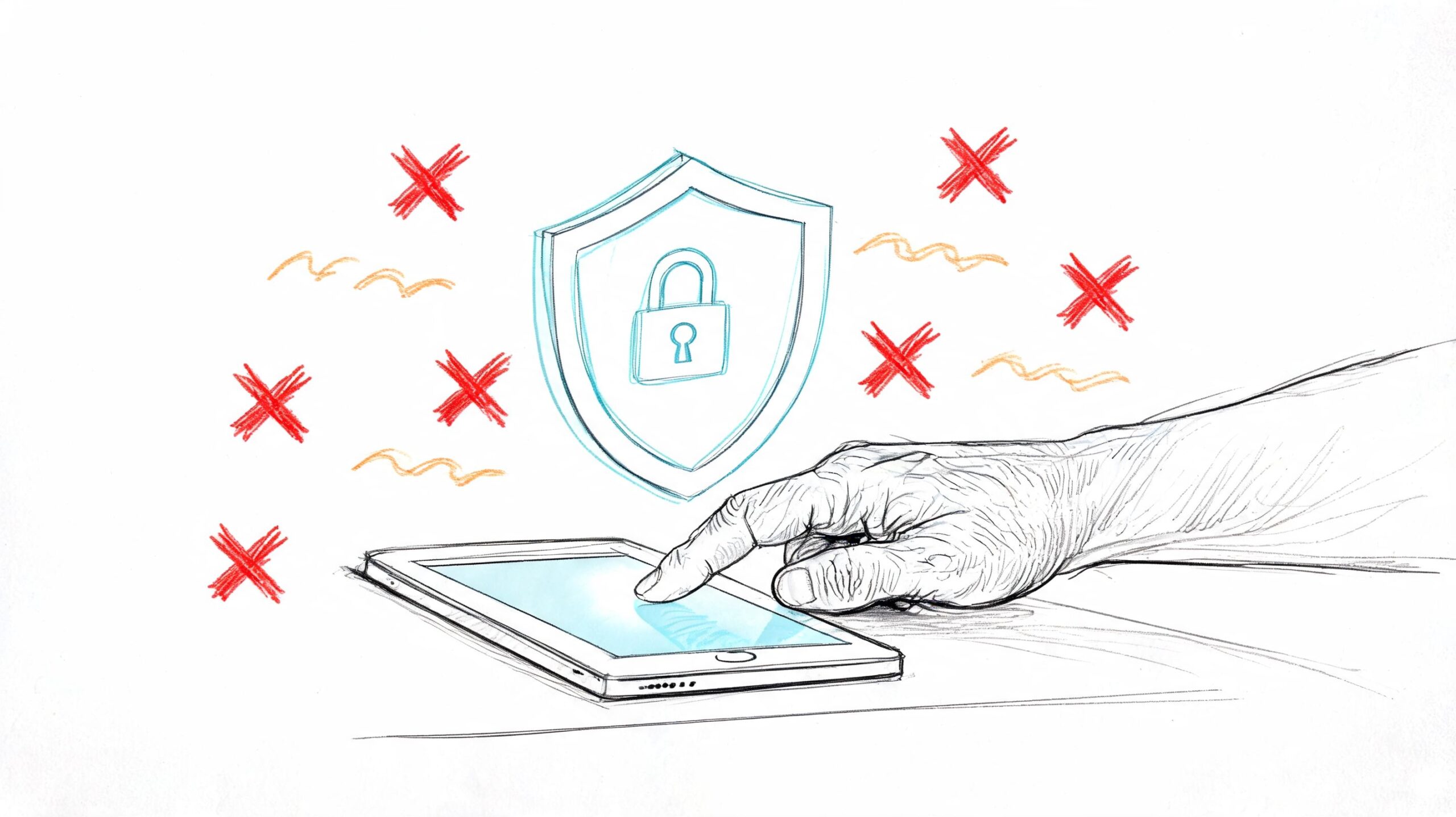 Una mano anziana utilizza un tablet digitale protetto da un'icona di sicurezza a forma di scudo.