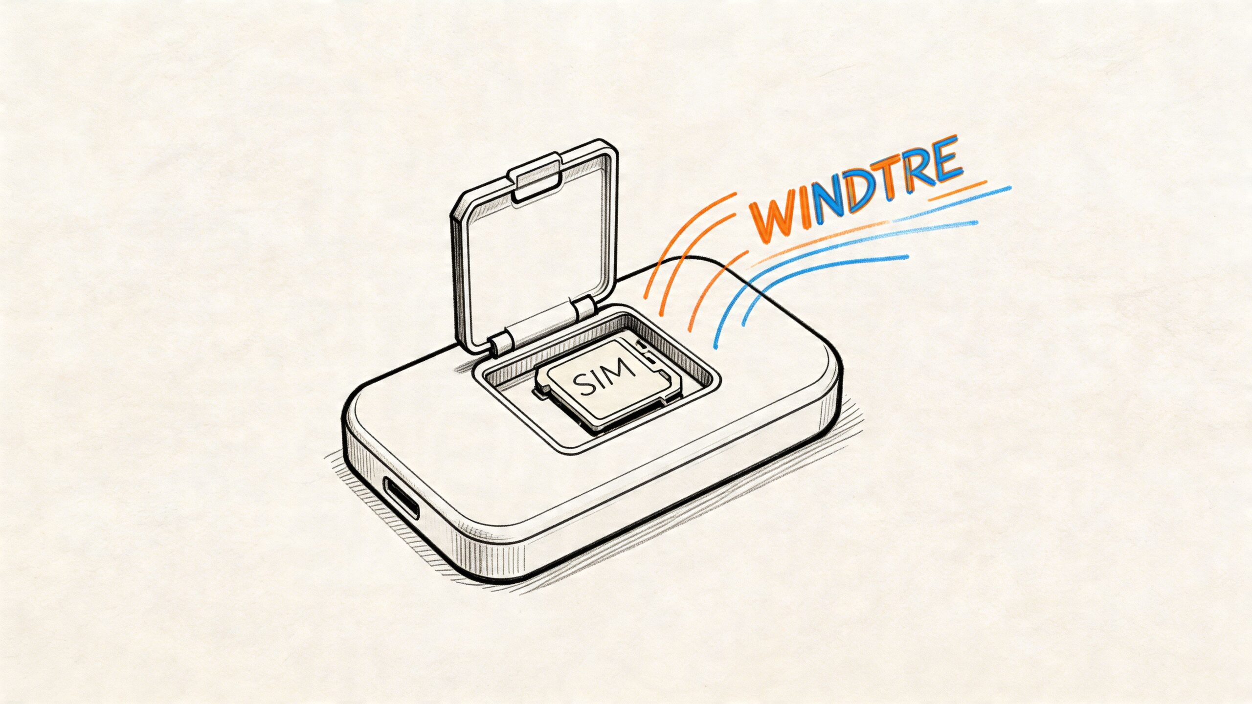 Disegno stilizzato di un dispositivo Wi-Fi portatile con una scheda SIM inserita e il logo WindTre presente