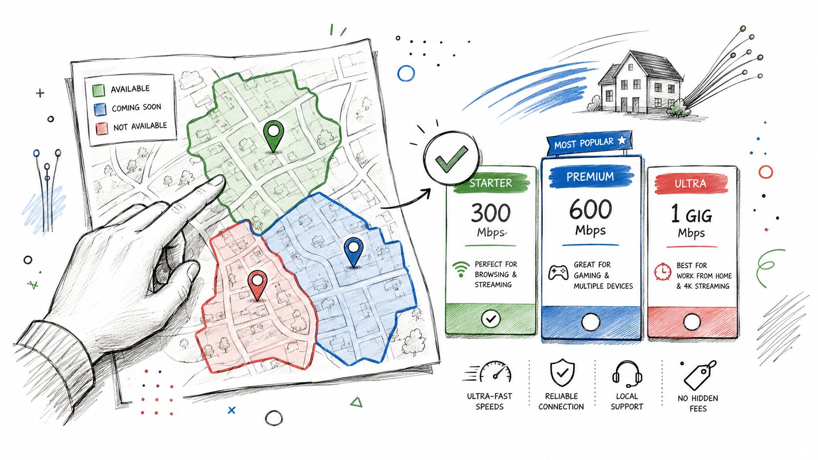 Mappa disegnata a mano che illustra le diverse opzioni di abbonamento a internet a banda larga disponibile.