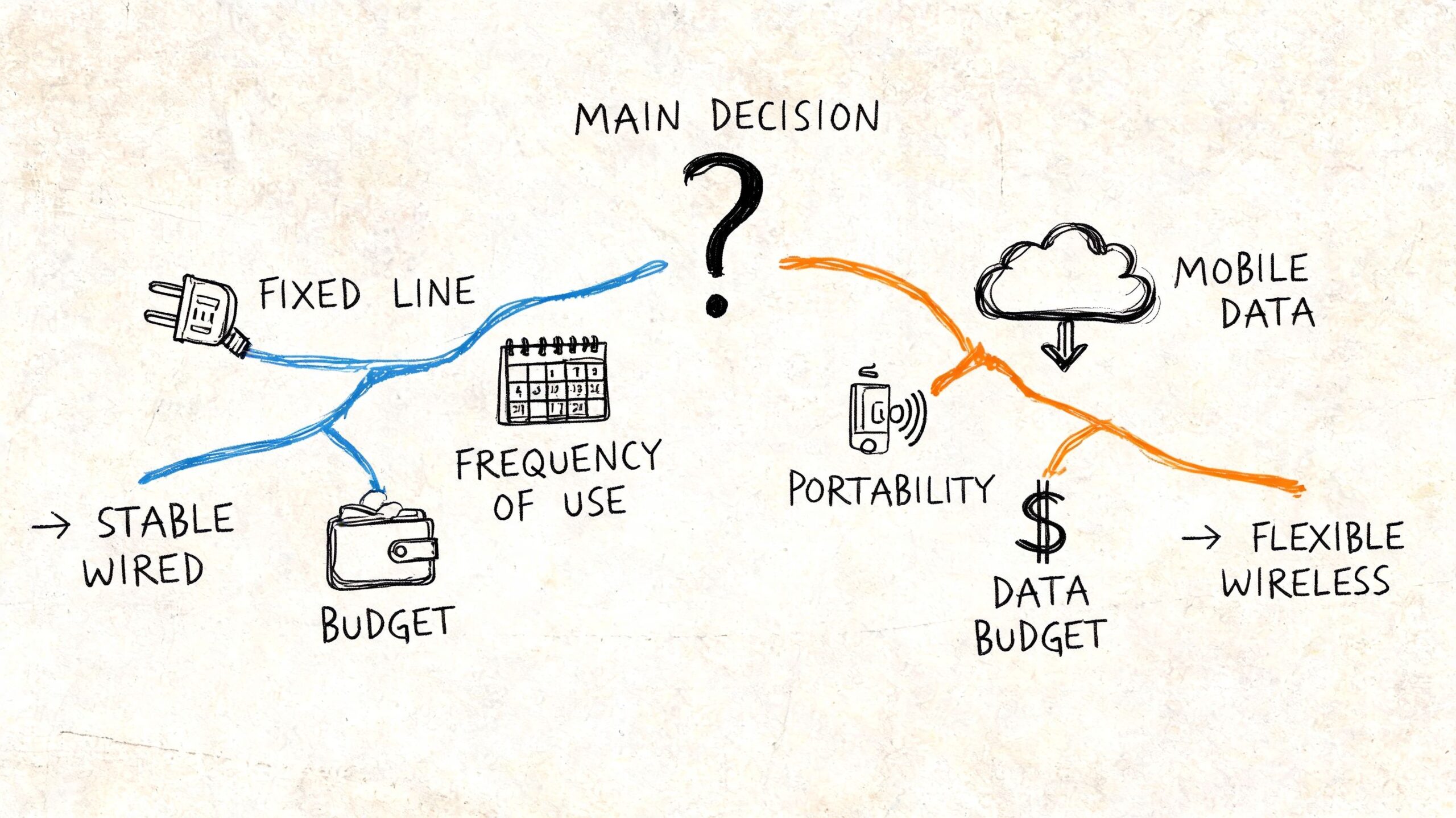 Schema illustrativo che confronta le soluzioni internet fisso e mobile per decidere la connessione ideale.